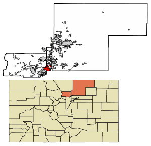 Location of the Town of Erie in Boulder and Weld counties, Colorado.