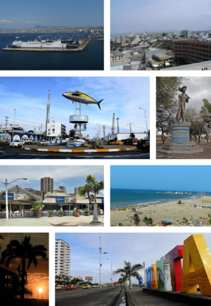 From top, left to right: View of the seaport, panoramic view of the city, monument to the Tuna, monument to the Fisherman, restaurants on the Scenic Boardwalk, The Bat beach, sunset on the beach and Malecón avenue.