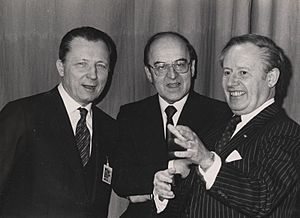 Jacques Delors, Kurt Furgler, Gaston Thorn, World Economic Forum 1986