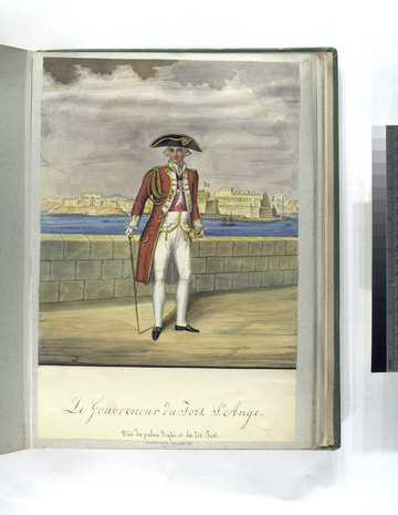 18th century painting of the Hospitaller Governor of Fort St Angelo, with the fort itself in the background