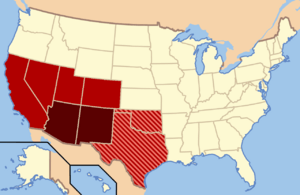 Though regional definitions vary from source to source, Arizona and New Mexico (in dark red) are almost always considered the core, modern-day Southwest. The brighter red and striped states may or may not be considered part of this region. The brighter red states (California, Colorado, Nevada, and Utah) are also classified as part of the West by the U.S. Census Bureau, though the striped states are not; Oklahoma and Texas are often classified as part of the South.