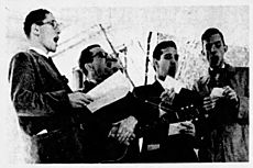 Tom Lehrer, Robert H. Welker, David Z. Robinson, and Lewis M. Branscomb perform on Arbor Day at Harvard University, 1951