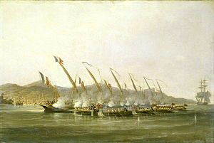William John Huggins (1781-1845) - Captain Robert Maunsell Capturing French Gunboats off Java, July 1811 - BHC4218 - Royal Museums Greenwich.jpg