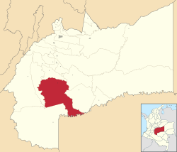 Location of the municipality and town of Vista Hermosa, Meta in the Meta Department of Colombia.