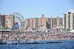 Coney Island beach, amusement parks, and high-rises, as seen from the pier in June 2016