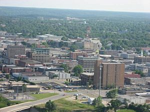 Aerial view of downtown Joplin, 2009. The bridge is 2nd Street and the intersection is 2nd St. and Virginia Ave.