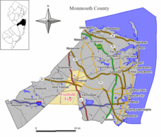 Map of Freehold Township in Monmouth County. Inset: Location of Monmouth County highlighted in the State of New Jersey.