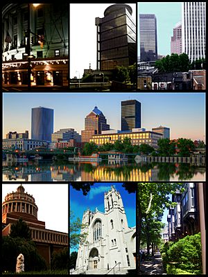 (left to right, top to bottom) the Eastman Theater at the Eastman School of Music; First Federal Plaza building; Xerox, Legacy (formerly Bausch & Lomb), and Metropolitan (formerly Chase) towers; Downtown Rochester skyline; Rush Rhees Library at the University of Rochester; Sacred Heart cathedral; row houses in the Grove Place neighborhood