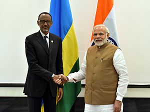 The Prime Minister, Shri Narendra Modi meeting the President of Rwanda, Mr. Paul Kagame, on the sidelines of the International Solar Alliance (ISA) Summit, in New Delhi on March 11, 2018