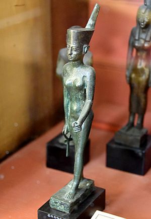 Bronze statuette of Neith. She wears the Red Crown of Lower Egypt. The hieroglyphic inscriptions, partially erased, mention the name of Padihor. From Egypt. Late Period. The British Museum, London