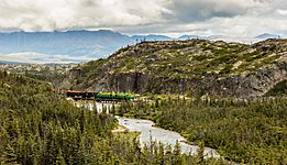 Ferrocarril White Pass sobre el lago Bernard, Columbia Británica, Canadá, 2017-08-26, DD 76