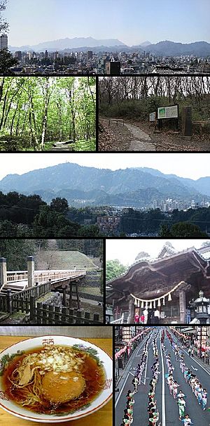 View of top left, Downtown Hachioji, Komiya Park, Naganuma Park, Mount Takao, stone fence and bridge in Hachioji Castle site, Yakuoin in Mount Takao, Hachioji Ramen, Hachioji Traditional Festival on August