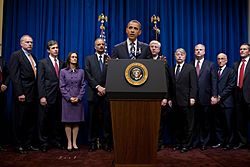 President Barack Obama delivers remarks announcing the finalization of a $26 billion settlement
