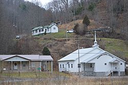 Houses and a church seen from West Virginia Route 10