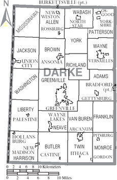 Map of Darke County Ohio With Municipal and Township Labels