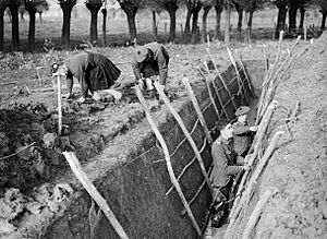 Men of the 1st Battalion Queen's Own Cameron Highlanders digging trenches at Aix, France, November 1939. O226