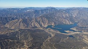 Pyramid Lake seen from the air, Pacific Ocean in the distance