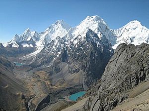 The Huayhuash mountain range with Yerupajá, one of the highest peaks of Peru
