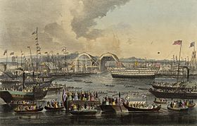 The launch of HMS Trafalgar, 120 guns. At Woolwich June 21st 1841 RMG PW8091