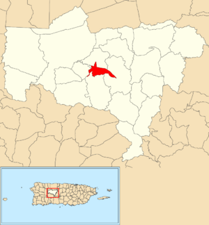 Location of Utuado barrio-pueblo within the municipality of Utuado shown in red