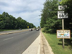 2016-08-18 09 37 27 View west along Maryland State Route 665 (Aris T Allen Boulevard) at Chinquapin Round Road in Annapolis, Anne Arundel County, Maryland