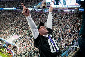 An Eagles fan celebrates in the stands at Super Bowl 2018, Minneapolis MN (25234676207)