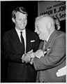 David Dubinsky with Robert F. Kennedy; sign in background reads, in part, "For President- Lyndon B. Johnson."