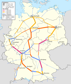 Germany - ICE line network, train frequencies and top speeds