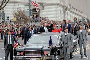 President Ronald Reagan and Nancy Reagan in The Presidential Limousine During The Inaugural Parade, Washington, DC - DPLA - a8b1ab34a866ace74c6f3161eacbf046