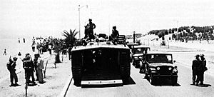 Marines of Battalion Landing Team 2/2 form a LVT and tank column on the beach road for the move into Beirut on 16 July 1958