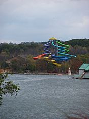Wildwater Kingdom slides from across the lake