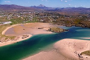 An aerial view of Gweedore, with Errigal and Magheraclogher Beach