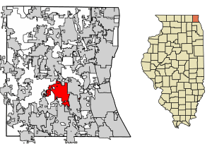 Location of Mundelein in Lake County, Illinois.