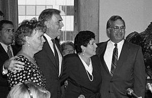Mayor Thomas Menino and Angela Menino with Mayor Raymond and Kathy Flynn at swearing in ceremony as Acting Mayor in July of 1993 (15674913102) (1)