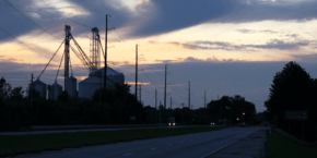 Montmorenci's grain elevators silhouetted at dusk