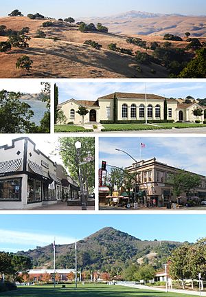 Clockwise: the Diablo Range hills, historic Morgan Hill Elementary Building, Votaw Building, El Toro Mountain, Downtown shops, Anderson Lake