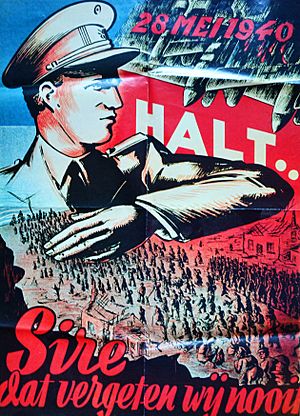 Belgische Propaganda Poster Van Koning Leopold III met opschrifft "28 Mei 1940, Halt, Sire Dat Vergeten Wij Nooit" naar aanleiding van de 18 daagse veldtocht
