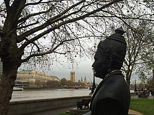 Bronze bust of Basaveswara on Albert Embankment in London, facing Parliament