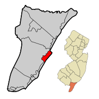 Avalon Borough highlighted in Cape May County. Inset map: Cape May County highlighted in the State of New Jersey.