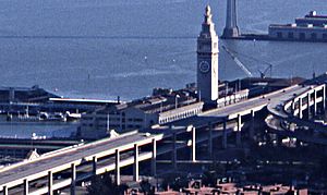 Ferry Building and Embarcadero Freeway, February 1982