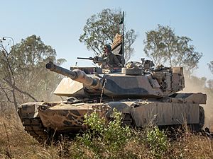 Front view of an Australian M1A1 tank during Koolendong 2021