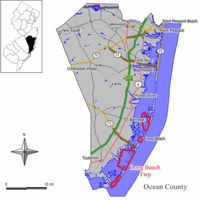 Map of Long Beach Township in Ocean County. Inset: Location of Ocean County highlighted in the State of New Jersey.