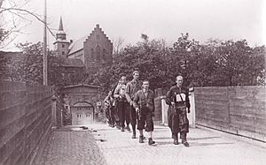 Milorg men march from Akershus Fortress, 1945