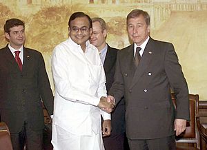 The Union Finance Minister, Shri P. Chidambaram with the German Minister of Economics and Labour, Mr. Wolfgang Clement in New Delhi on April 4, 2005