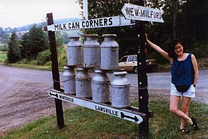 Woman with display at Milk Can Corners, Hallstead, Pennsylvania, 1991