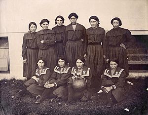 "Indian girls dressed for a ball game, U.S. Government Indian exhibit." (Fort Shaw Indian School basketball team) 1904 World's Fair