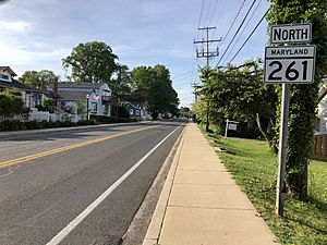 2019-05-22 18 11 13 View north along Maryland State Route 261 (Bayside Road) at Maryland State Route 260 (Chesapeake Beach Road) in Chesapeake Beach, Calvert County, Maryland
