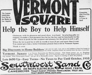 Advert for Vermont Square tract of Los Angeles, 1909