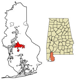 Location of Loxley in Baldwin County, Alabama.