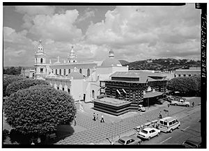 GENERAL VIEW FROM THE TOP OF THE MELIA HOTEL SHOWING PARQUE DE BOMBAS TO THE RIGHT, AND THE CATHEDRAL TO THE LEFT - Parque de Bombas, Plaza Munoz Rivera, Ponce, Ponce Municipi